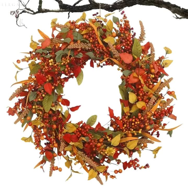 BowLift | Autumn Rattan Wreath with Leaves and Berries for Door