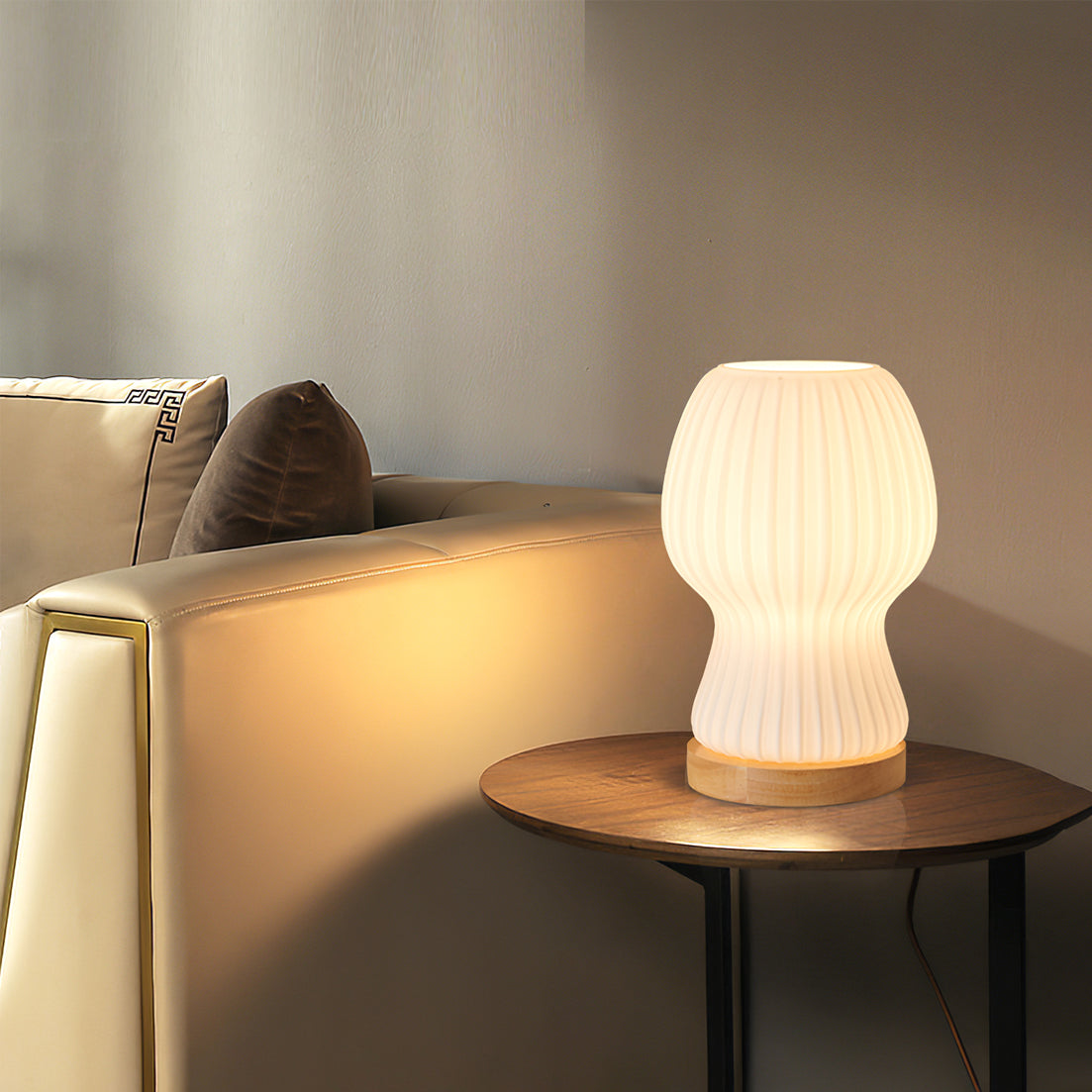 BowLift | GlowBeam – Folded Glass Table Lamp with Wooden Accent