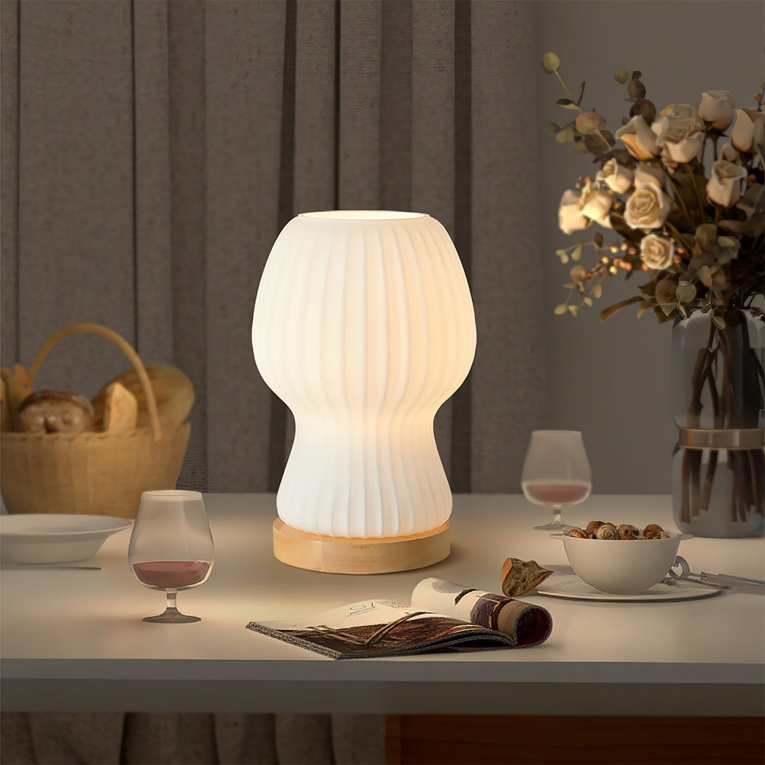 BowLift | GlowBeam – Folded Glass Table Lamp with Wooden Accent