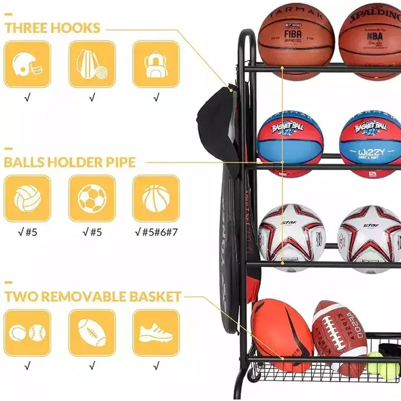 BowLift | Large Capacity Metal Garage Sports Equipment Organizer Ball Toys Storage Rack For Sports Gear & Rolling Balls Rack