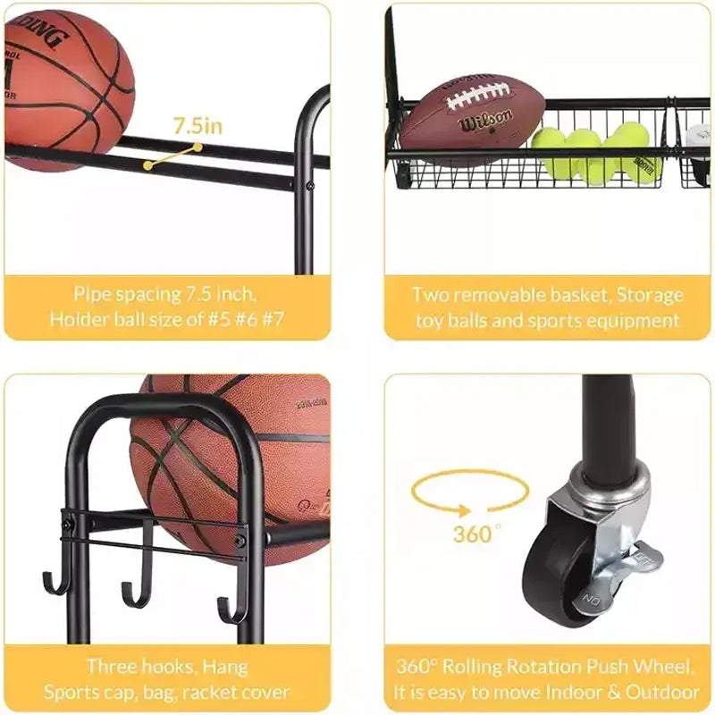 BowLift | Large Capacity Metal Garage Sports Equipment Organizer Ball Toys Storage Rack For Sports Gear & Rolling Balls Rack