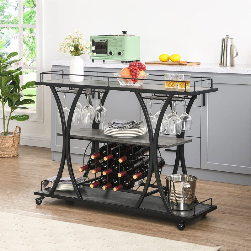 BowLift | Mobile Freestanding Shelf with Wine Glass Holder, 3 Tier Wine Rack Trolley