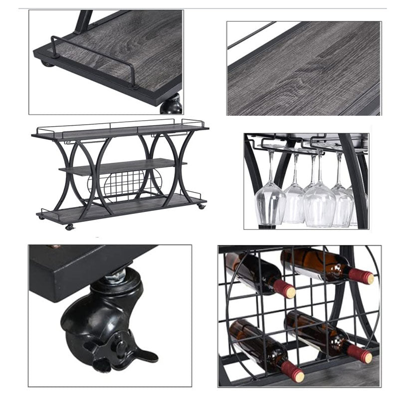 BowLift | Mobile Freestanding Shelf with Wine Glass Holder, 3 Tier Wine Rack Trolley