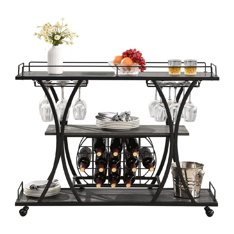 BowLift | Mobile Freestanding Shelf with Wine Glass Holder, 3 Tier Wine Rack Trolley