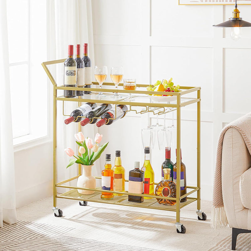 BowLift | 2-Tier Bar Cart Kitchen Cart with Wine Rack and Glass Holder Serving Cart with Wheels and Guard Rails for Dining Room, Living Room, Party, Bar,
