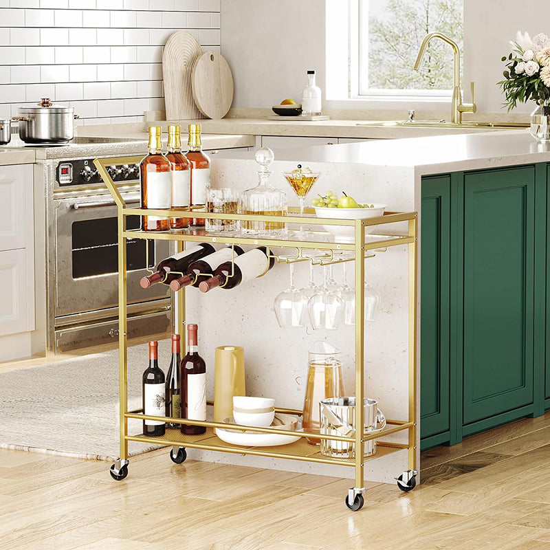 BowLift | 2-Tier Bar Cart Kitchen Cart with Wine Rack and Glass Holder Serving Cart with Wheels and Guard Rails for Dining Room, Living Room, Party, Bar,