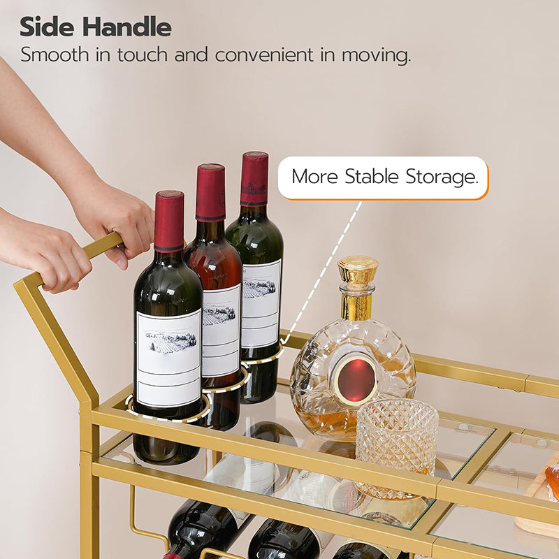 BowLift | 2-Tier Bar Cart Kitchen Cart with Wine Rack and Glass Holder Serving Cart with Wheels and Guard Rails for Dining Room, Living Room, Party, Bar,
