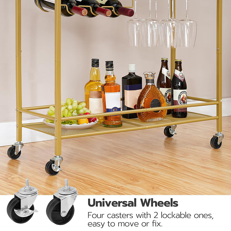 BowLift | 2-Tier Bar Cart Kitchen Cart with Wine Rack and Glass Holder Serving Cart with Wheels and Guard Rails for Dining Room, Living Room, Party, Bar,