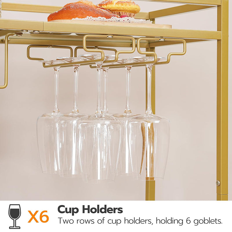 BowLift | 2-Tier Bar Cart Kitchen Cart with Wine Rack and Glass Holder Serving Cart with Wheels and Guard Rails for Dining Room, Living Room, Party, Bar,
