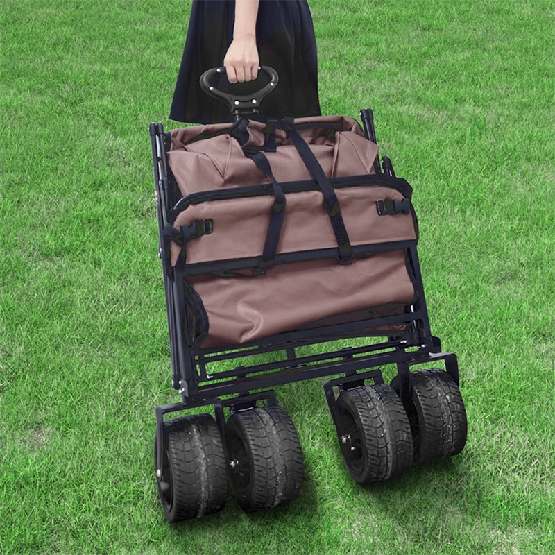 BowLift | Large Black Double Brake Airplane Wheels 16cm Beach Cart, Large Wood Grain Steel Table Top