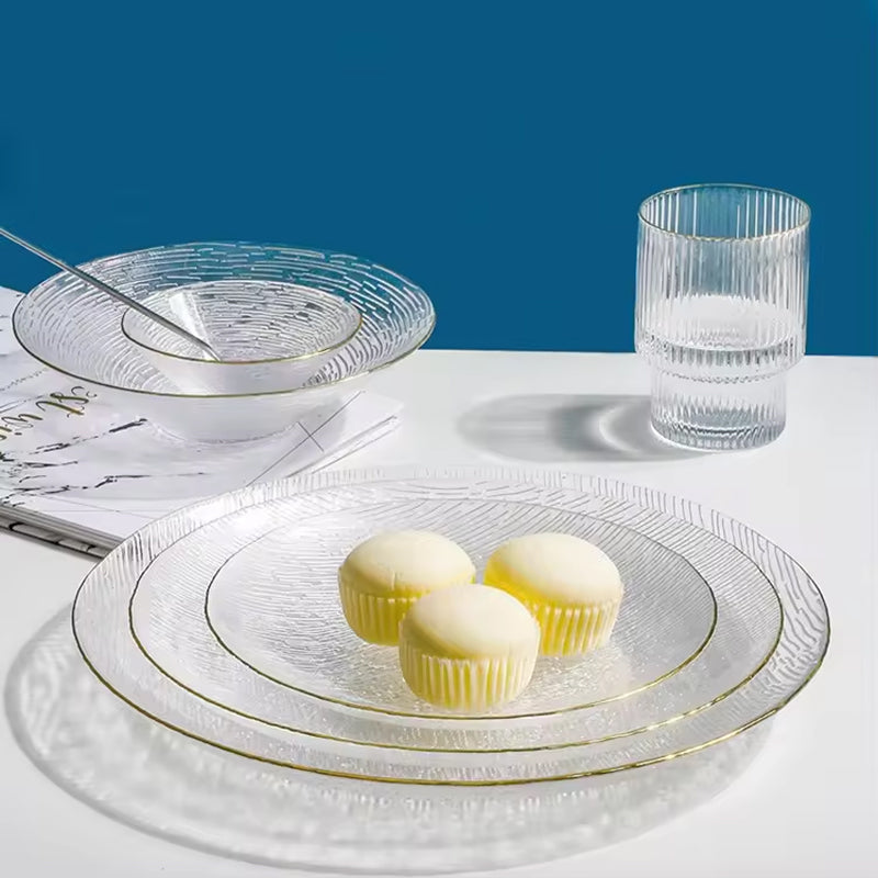 BowLift | Gold-Rimmed Bamboo Hat Bowl Nordic Crystal Glass Salad Bowl Household Striped Bowl Plate Glass Tableware