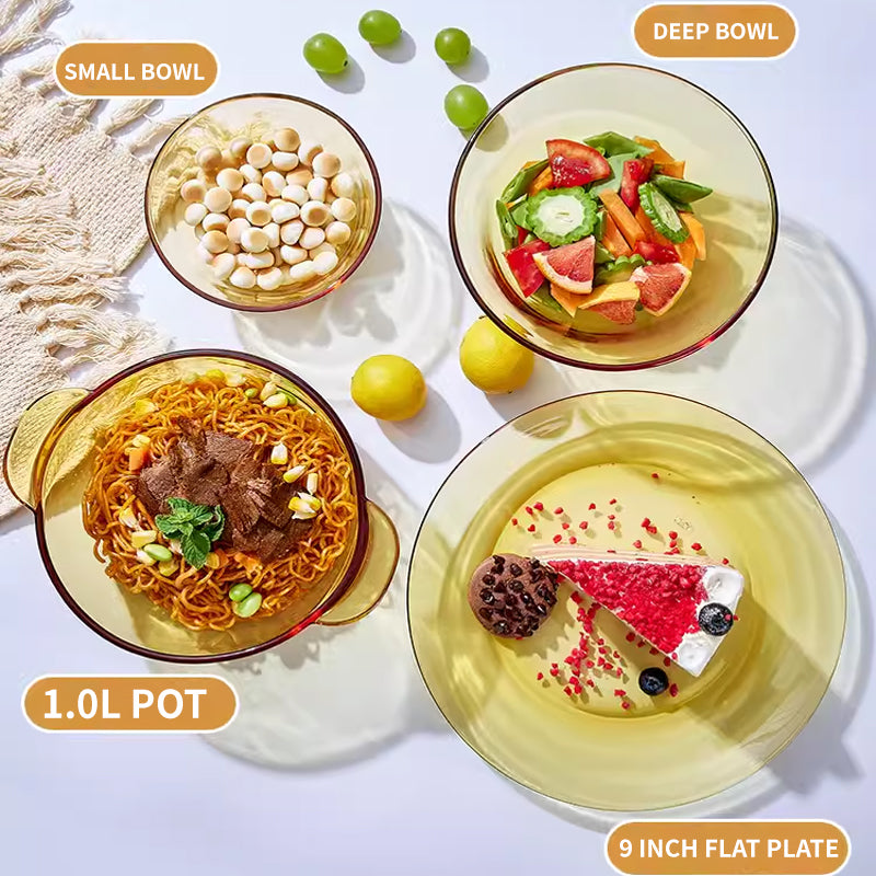 BowLift | High Temperature Resistant Amber Salad Bowl, Household Glass Bowl And Plate Set, Cereal Soup Bowl, Rice Bowl, Microwave Oven Special Tableware