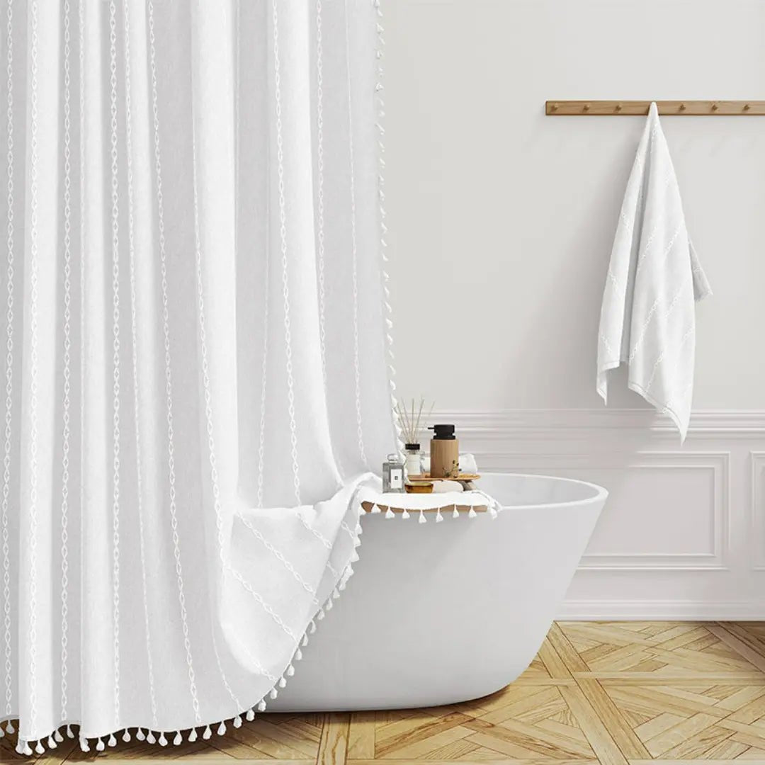 BowLift | Bohemian linen shower curtain with tassels & waterproof design
