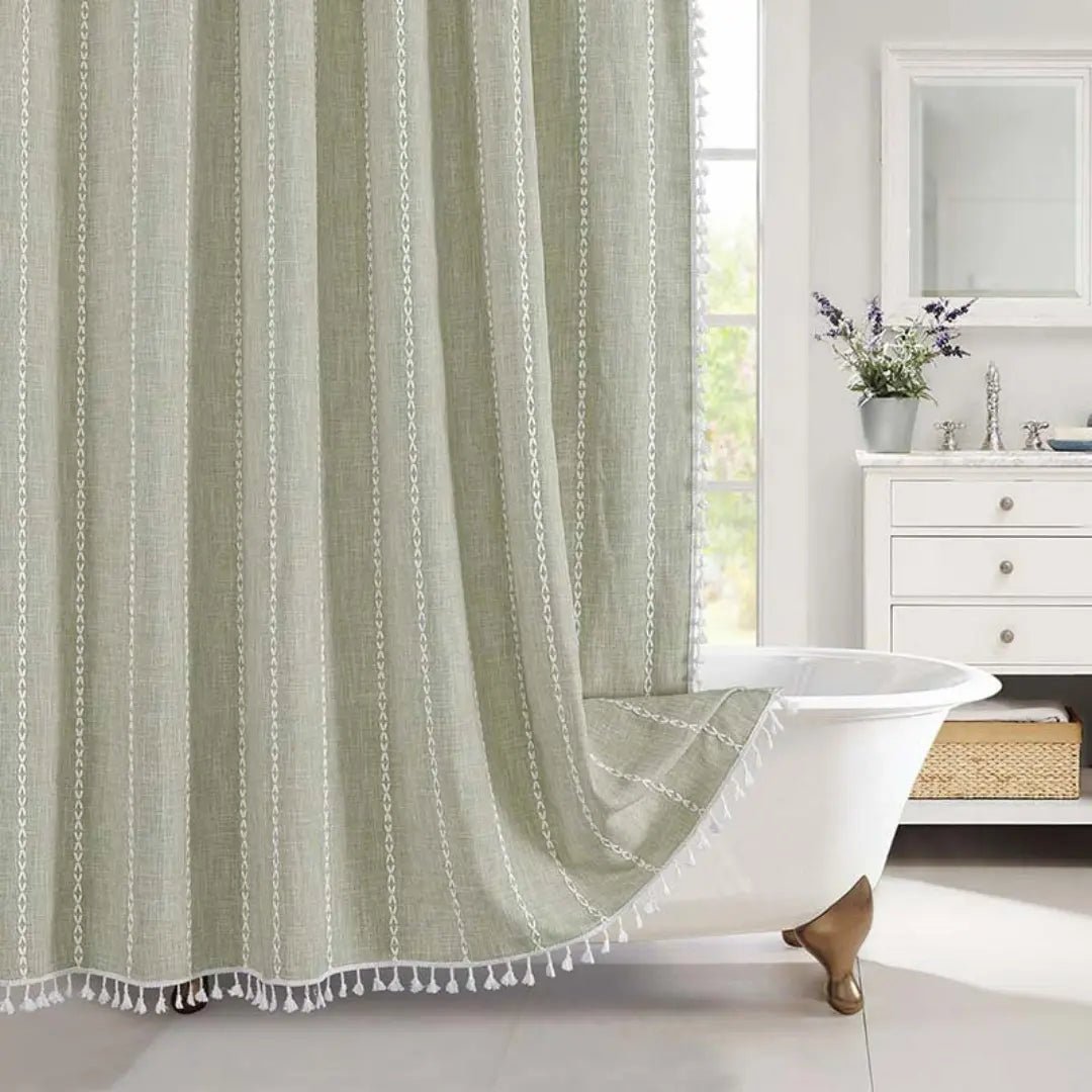 BowLift | Bohemian linen shower curtain with tassels & waterproof design