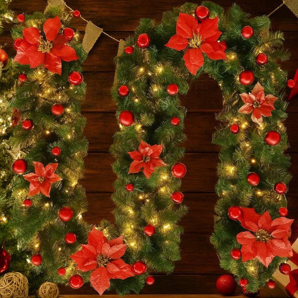 BowLift | Illuminated Christmas garland made of rattan with warm white LED lights, 2.7 m