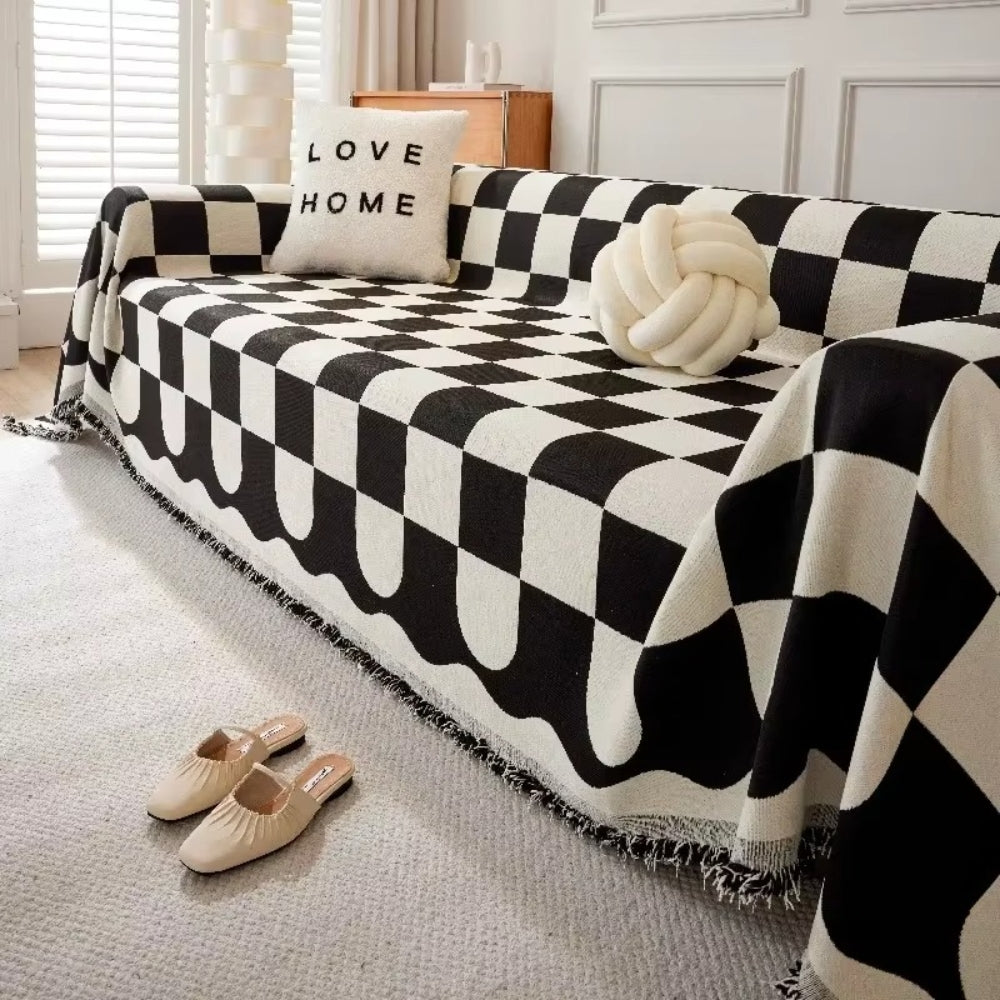 BowLift | Chess Board Chic Tasseled Sofa Cover