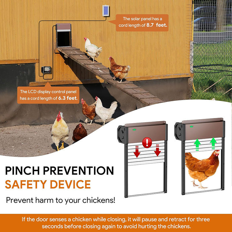 BowLift | LCD Display Solar Auto Chicken Coop Door Opener with Intelligent Anti-Pinch Induction Timer & Light Sensor Modes for Safe and Convenient Chicken Keeping