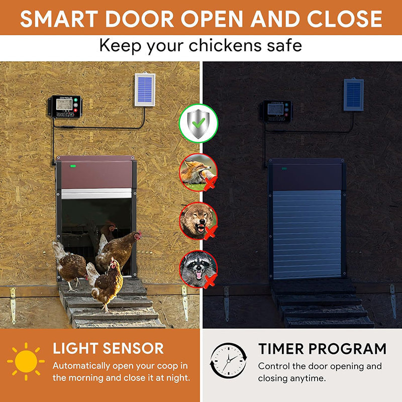 BowLift | LCD Display Solar Auto Chicken Coop Door Opener with Intelligent Anti-Pinch Induction Timer & Light Sensor Modes for Safe and Convenient Chicken Keeping