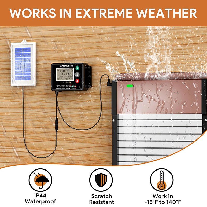 BowLift | LCD Display Solar Auto Chicken Coop Door Opener with Intelligent Anti-Pinch Induction Timer & Light Sensor Modes for Safe and Convenient Chicken Keeping