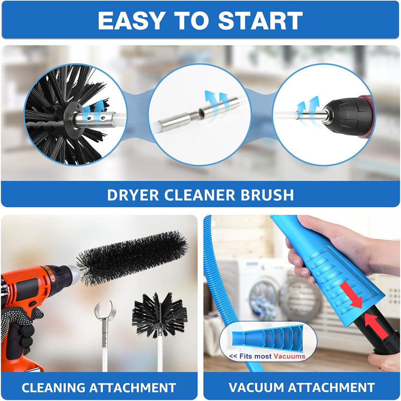 BowLift | 16-Piece 50 Feet All-Round Dryer Vent Cleaning Brushes Kit with Dryer Vent Brush Vacuum Cleaner Hose Attachment Flexible Lint Trap Brush
