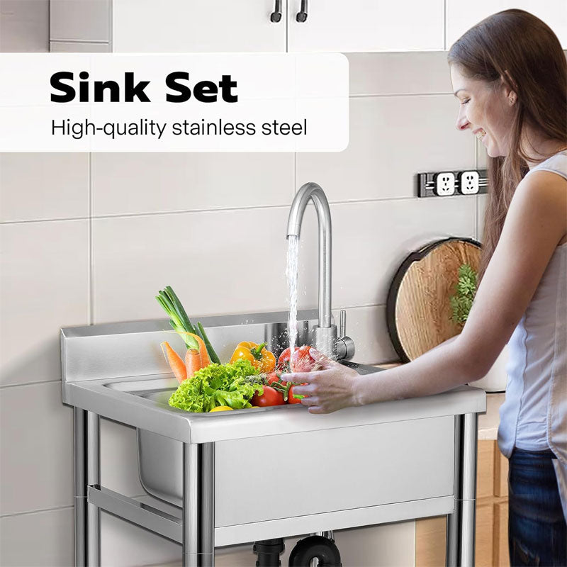 BowLift | Stainless Steel Sink With Hot And Cold Water Faucet, Freestanding Commercial Kitchen Single Bowl Sink