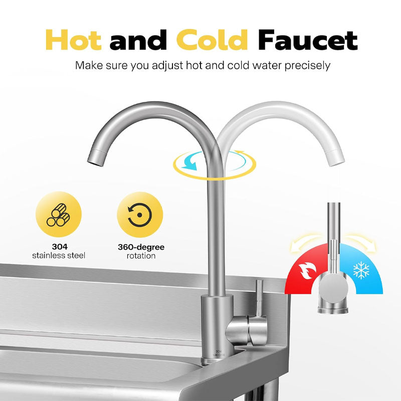 BowLift | Stainless Steel Sink With Hot And Cold Water Faucet, Freestanding Commercial Kitchen Single Bowl Sink