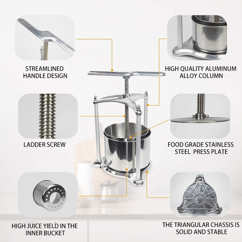 BowLift | High-End Household Manual Fruit Wine Press For European And American Kitchens, 1.6 Gallons/6 Liters, Stainless Steel Barrel For Pressing Cheese, Vegetable Fillings, Medicinal Residues And Squeezing Out Water