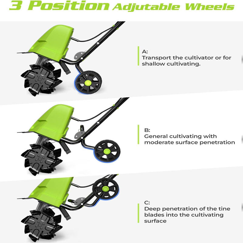 BowLift | 18-Inch 13.5 Amp Cultivator with 6 Steel Tines 3-Adjustable Wheels Foldable Handle 8'' Tilling Depth Electric Corded Tillers