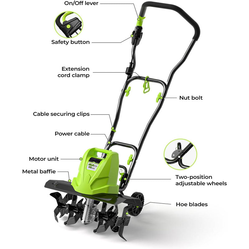 BowLift | 18-Inch 13.5 Amp Cultivator with 6 Steel Tines 3-Adjustable Wheels Foldable Handle 8'' Tilling Depth Electric Corded Tillers