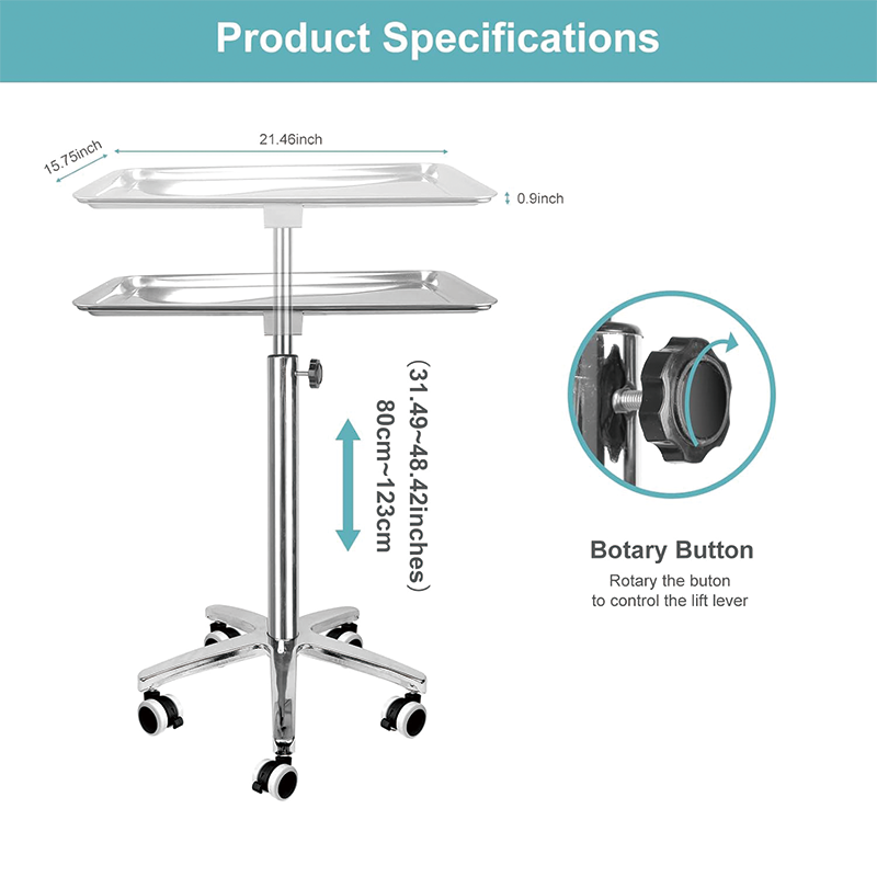 BowLift | Mayo Stand with Brake Wheels, Extra Large Salon Tray Medical Tray Mayo Stand, for Spa, Salon, Clinic, Personal Care