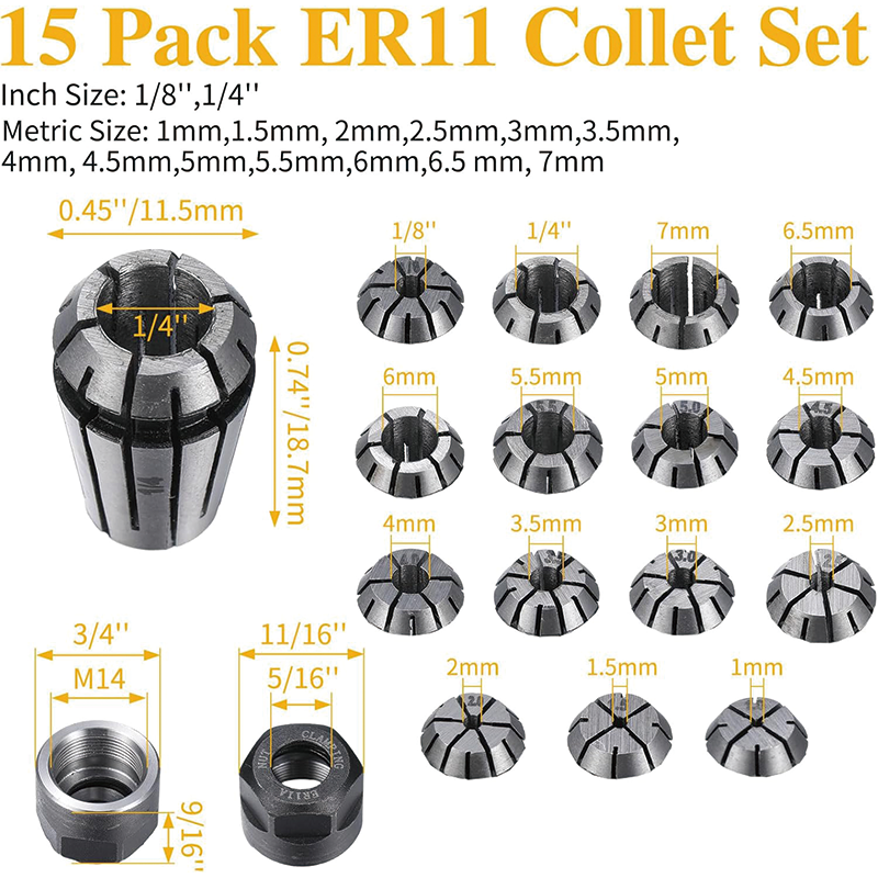 BowLift | 19 Pcs ER11 Collet Set, Thread Collet Clamping Nuts Precision Spring Collet Set for CNC Engraving Milling Lathe Chuck Tool, 1/4, 1/8