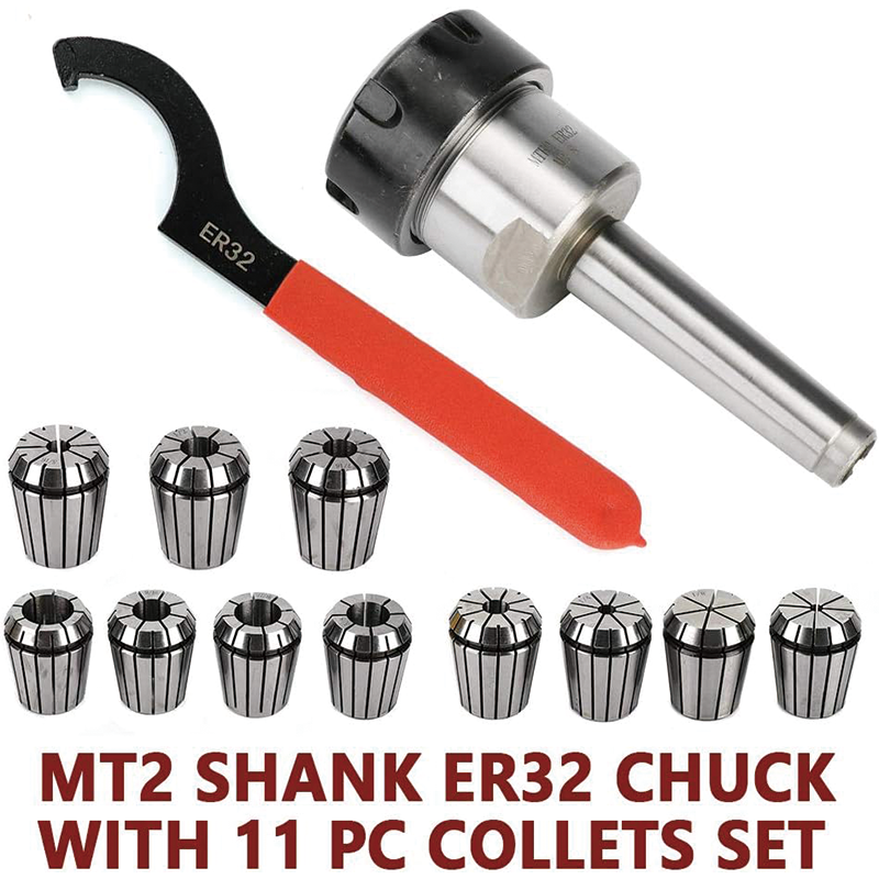 BowLift | ER32 Collet Set, Lathe Chuck Tool with 11 PCS ER32 Collets, 1PCS MT2 Bridgeport Shank Holder & 1 PCS Wrench