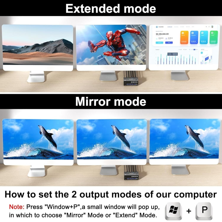 BowLift | KC-KVM203DH 8K 30Hz USB3.0 DP+DP+HDMI Triple Monitors KVM Switch, EU Plug