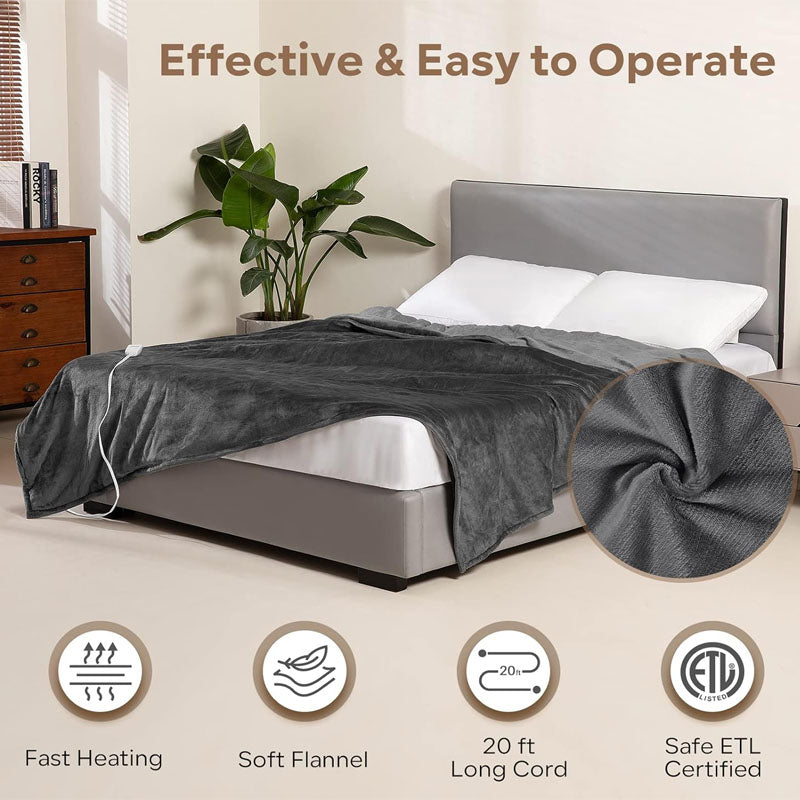 BowLift | Heated Blanket Electric Throw 84" x 90" Queen Size 6 Heating Levels & 8h Auto Timer Machine Washable Bed Sofa Home Office Use Grey