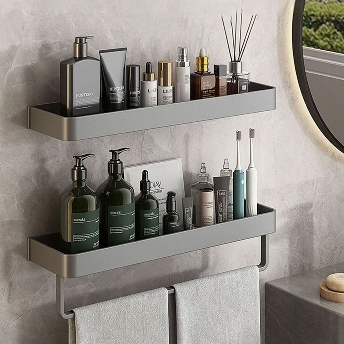 BowLift | Elegant wall shelf for the bathroom with towel rail & drill-free installation