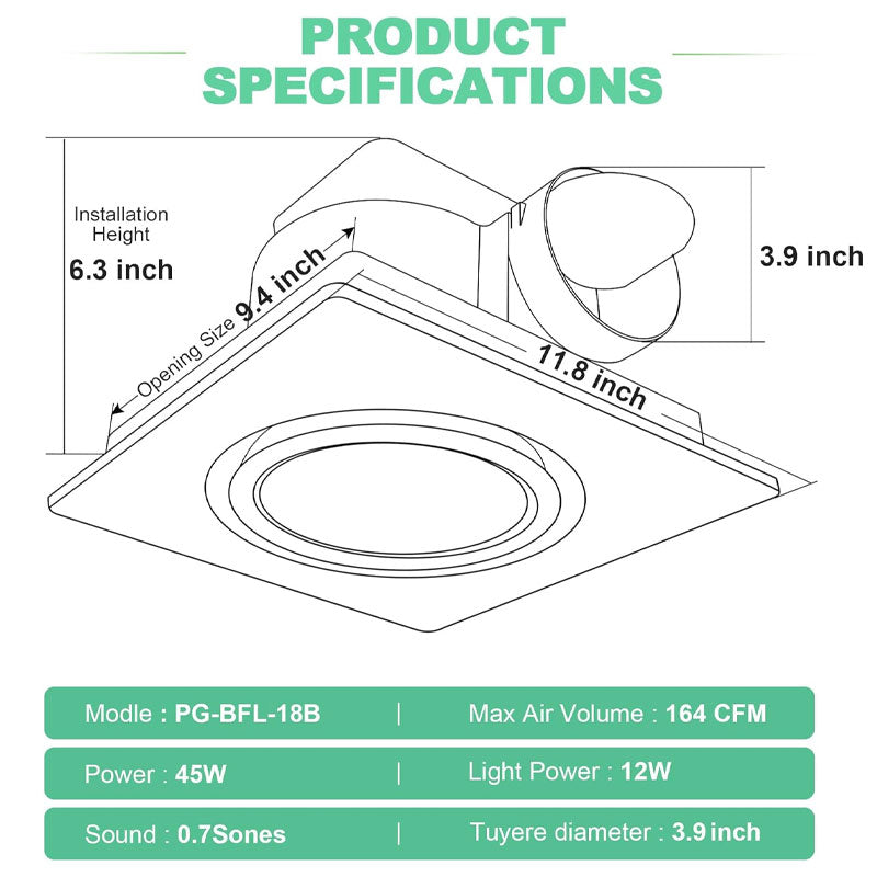 BowLift | Lighted Bathroom Exhaust Ventilator, 164 CFM 0.7Sones Quiet Ceiling Ventilation Fan, 6000K 12W LED, White