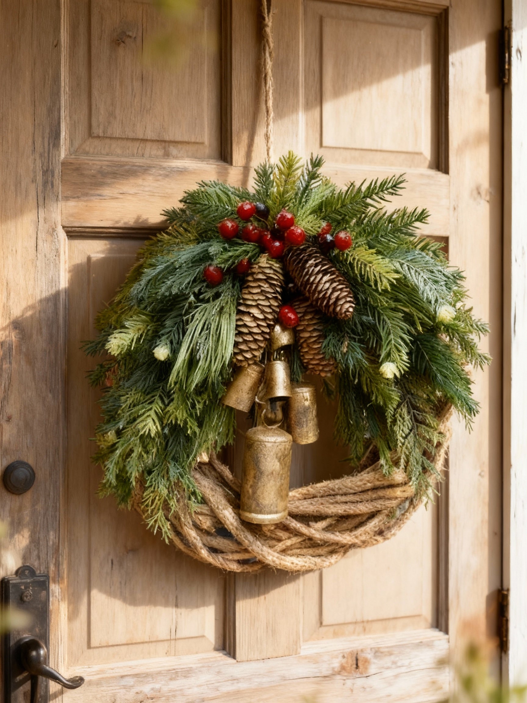 BowLift | Handmade Bohemian Winter Wreath | Bells, Pinecones & Berries | 43 cm | Indoor/Outdoor