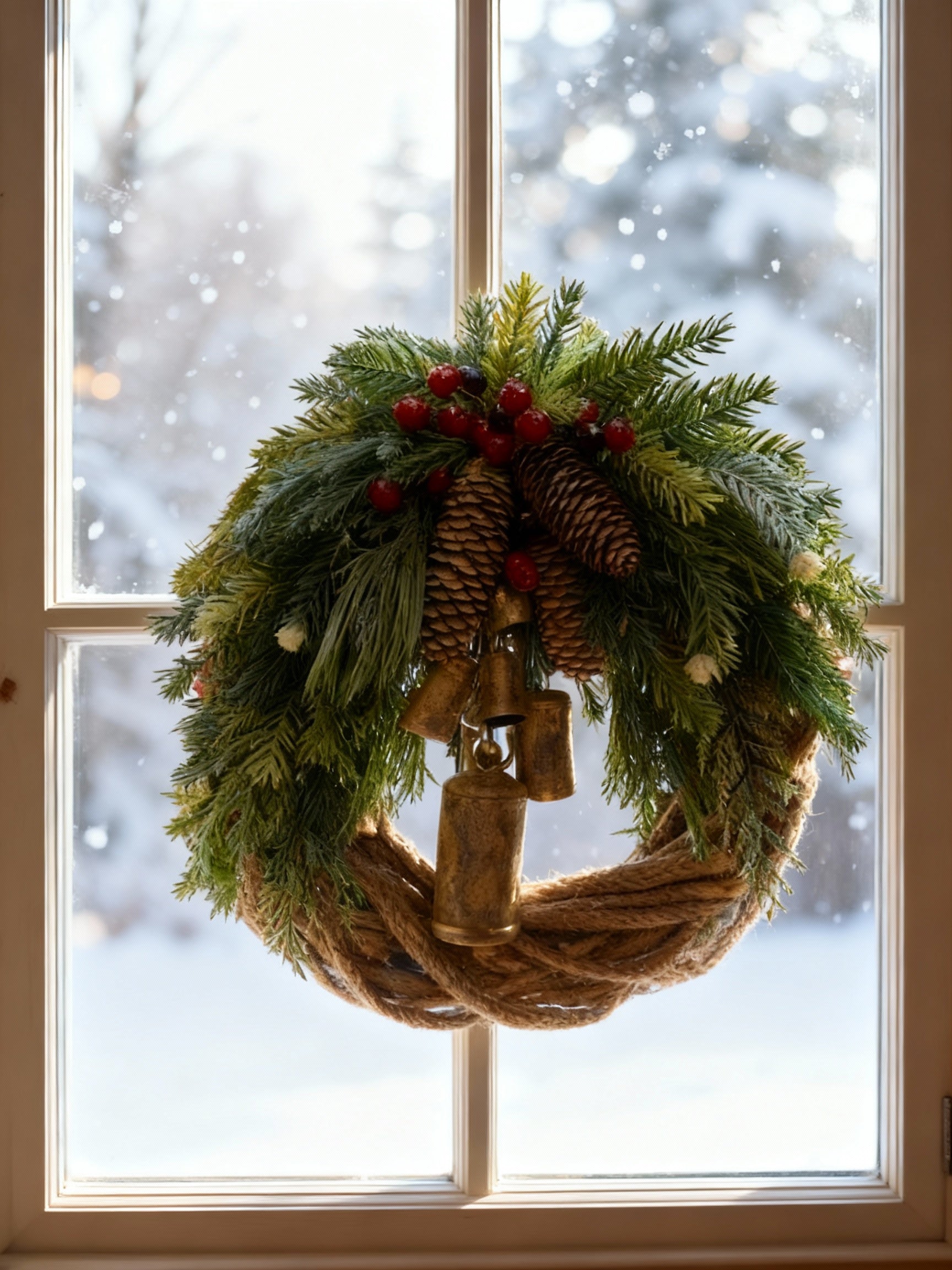 BowLift | Handmade Bohemian Winter Wreath | Bells, Pinecones & Berries | 43 cm | Indoor/Outdoor