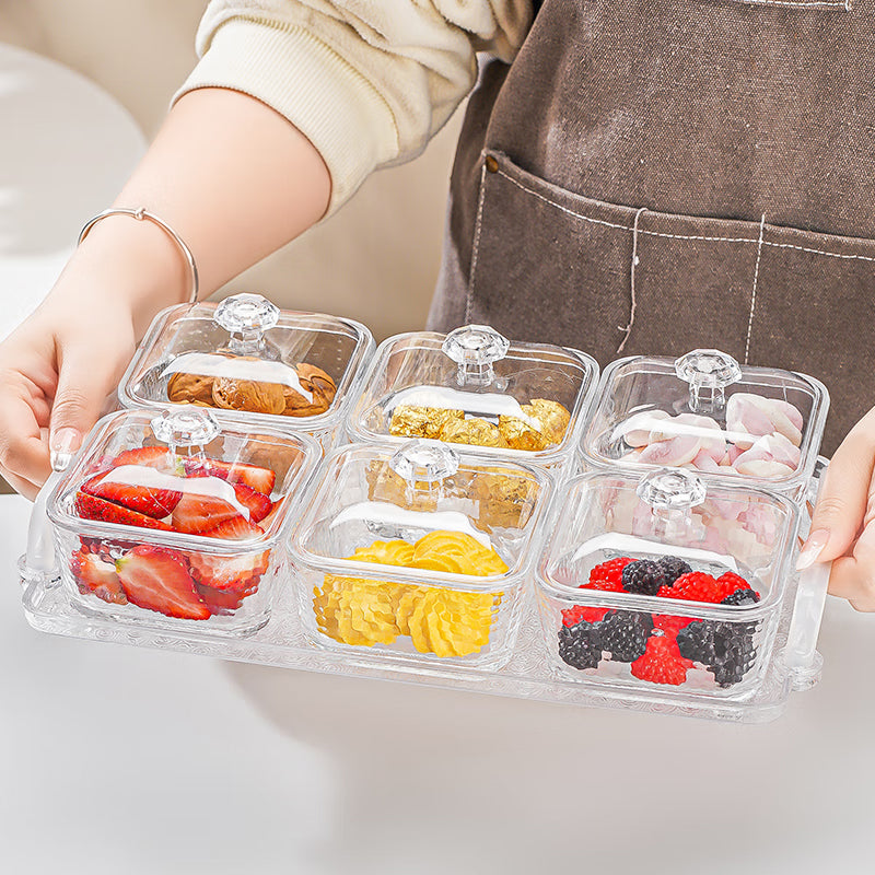 BowLift | Light Luxury Compartmented Fruit Plate, Lead-Free Glass Snack Plate, Small Square Bowl With Lid, Seven-Piece Gift Box Set