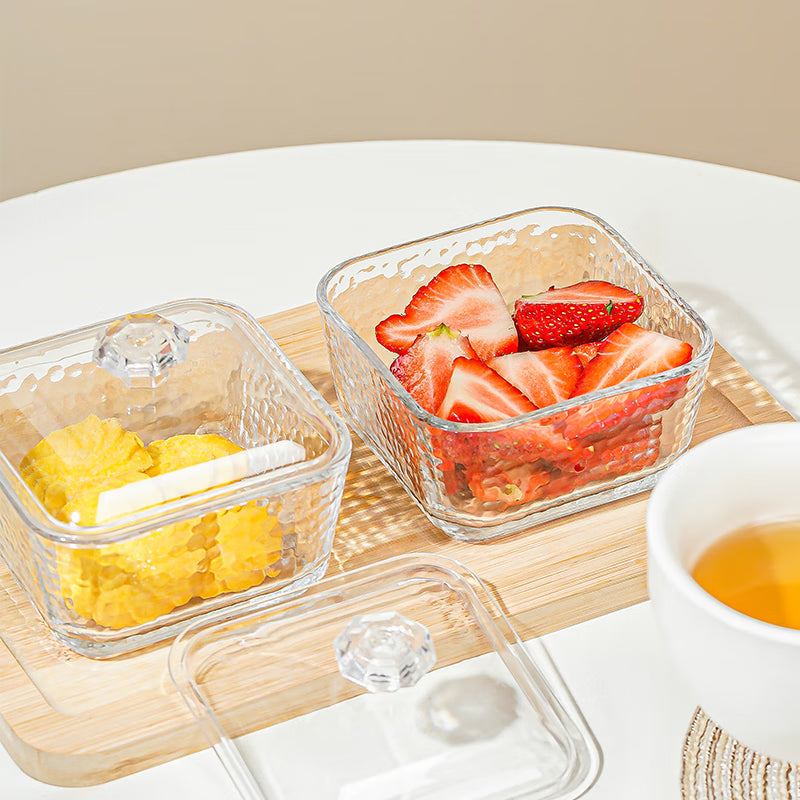 BowLift | Light Luxury Compartmented Fruit Plate, Lead-Free Glass Snack Plate, Small Square Bowl With Lid, Seven-Piece Gift Box Set