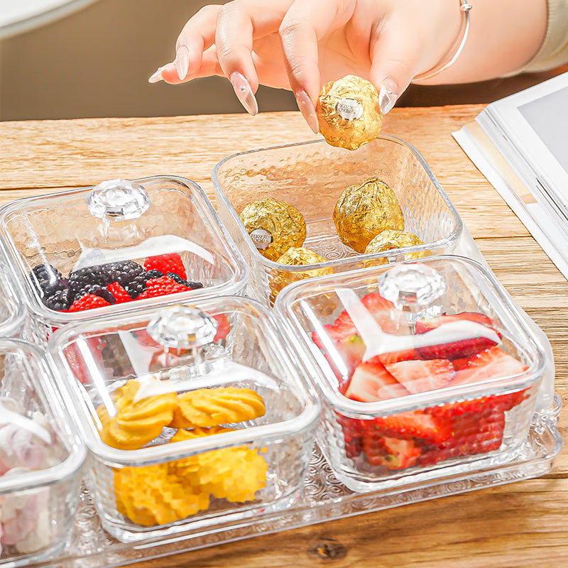 BowLift | Light Luxury Compartmented Fruit Plate, Lead-Free Glass Snack Plate, Small Square Bowl With Lid, Seven-Piece Gift Box Set