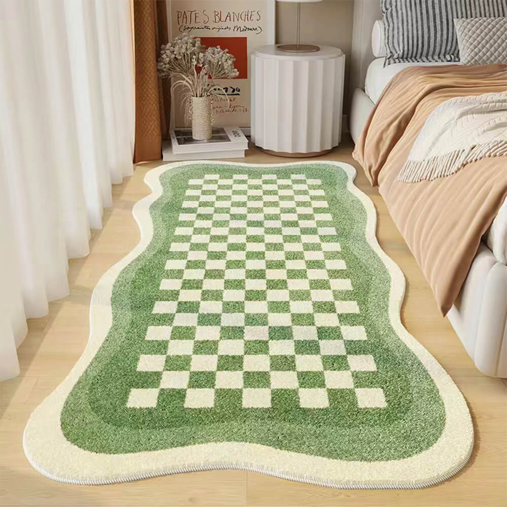 BowLift | Faux Cashmere Checkered Cozy Nightstand Rug Irregular Shape Rug