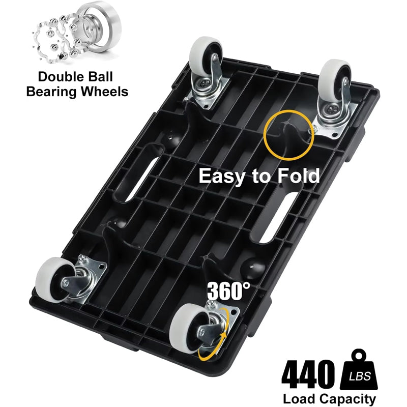 BowLift | Heavy Furniture 500 Lbs Capacity Folding Crate Trolley Silent Rolling Wheel Dolly Plastic Dolly For Moving
