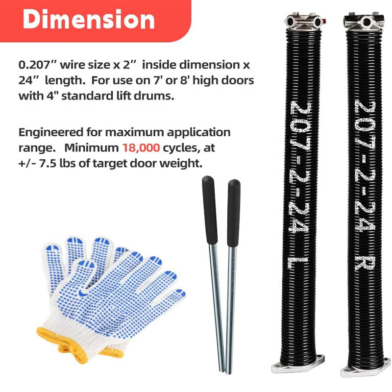 BowLift | Heavy-Duty Garage Door Springs & Wires 0.207” x 2” x 24” (Pair) 18000 Cycles with Gloves for Replacement
