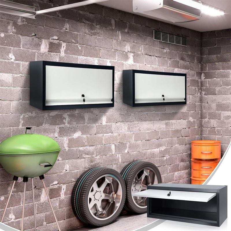 BowLift | 2 Pcs Garage Storage Cabinet Locking with Up Flip Door Wall Steel Hanging Upper Cabinet for Garage Kitchen Office Home