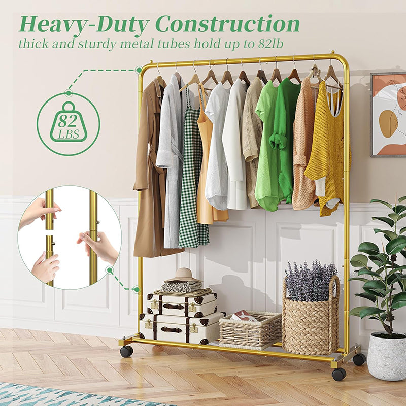 BowLift | Golden Yellow Clothing Garment Rack with Storage Shelves Clothes Organizer on Wheels for Hanging Clothes