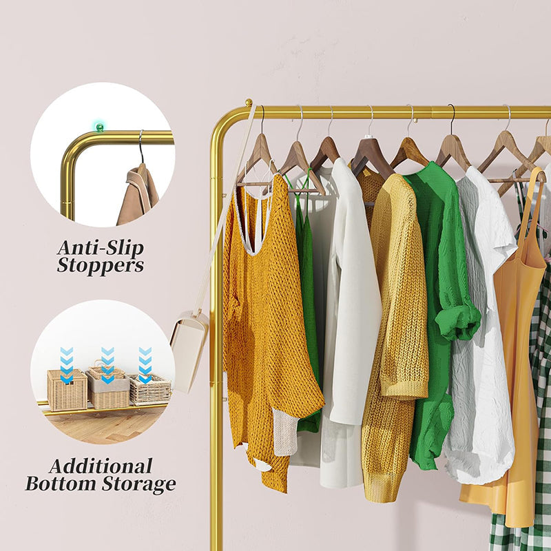 BowLift | Golden Yellow Clothing Garment Rack with Storage Shelves Clothes Organizer on Wheels for Hanging Clothes