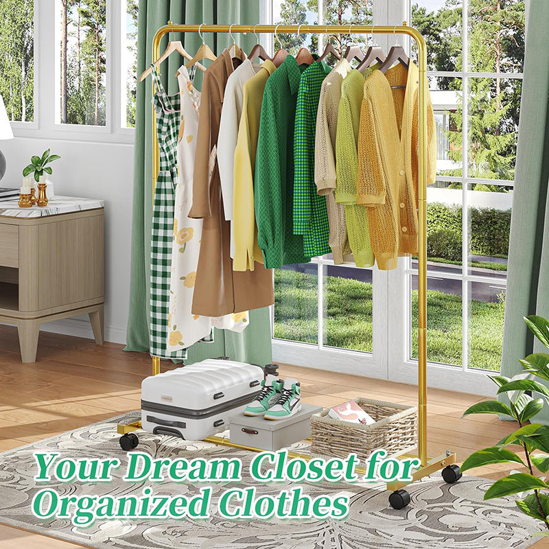 BowLift | Golden Yellow Clothing Garment Rack with Storage Shelves Clothes Organizer on Wheels for Hanging Clothes