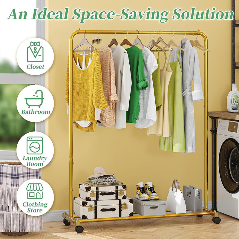 BowLift | Golden Yellow Clothing Garment Rack with Storage Shelves Clothes Organizer on Wheels for Hanging Clothes
