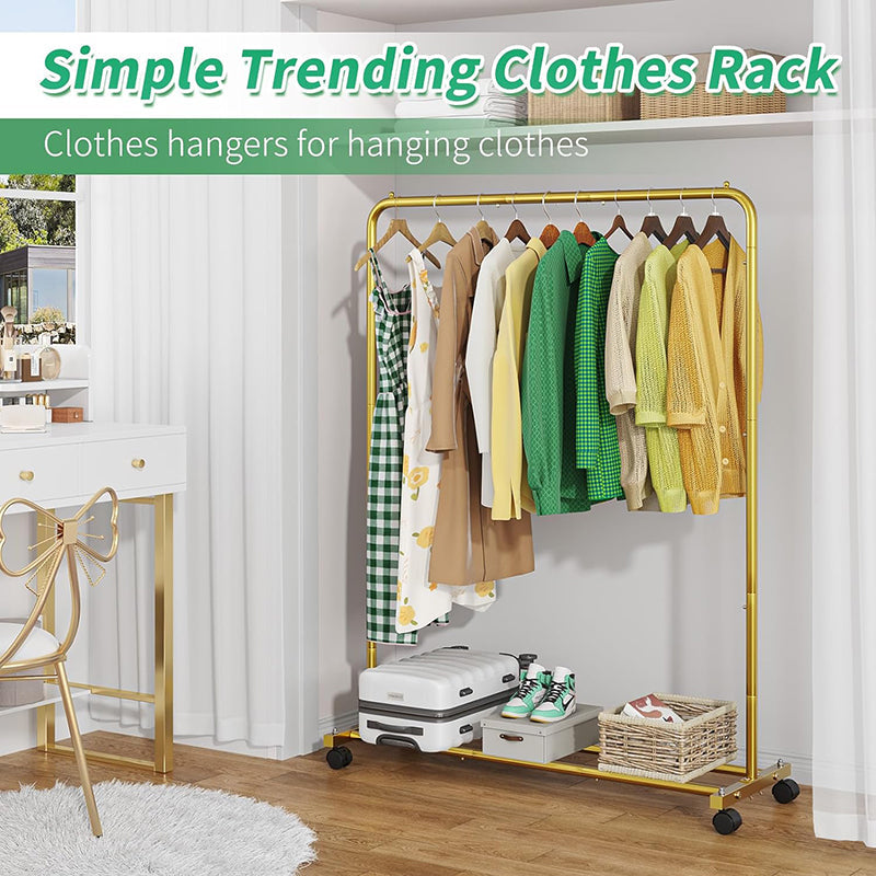 BowLift | Golden Yellow Clothing Garment Rack with Storage Shelves Clothes Organizer on Wheels for Hanging Clothes
